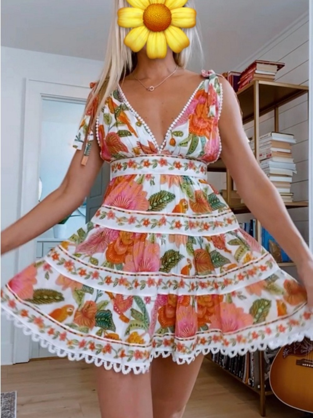 FARM Rio Cotton White Floral Mini Dress with Pink, Orange and Green Print - Picture 10 of 12